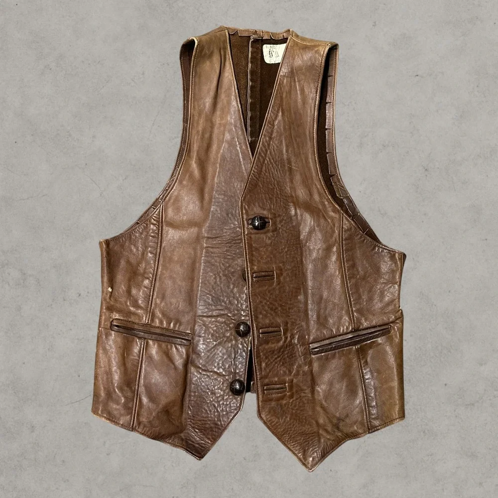 Vintage Dr Bucks Leather Vest Mens Small Brown Western  Cinch Back Buckleback